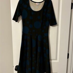 Lularoe Nicole Brown Dress with Teal Polka Dots